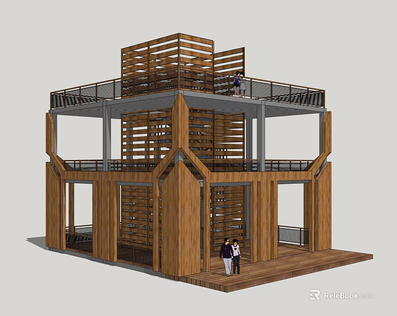 Wooden Multi Level Roadside Facility With Open Balconies And People On Upper Deck 3d model