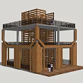 Wooden Multi Level Roadside Facility With Open Balconies And People On Upper Deck 3d model