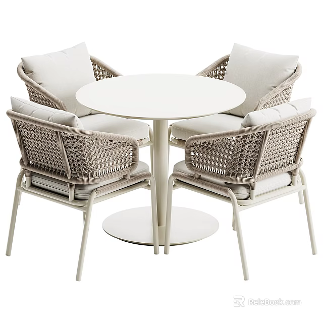 Modern White Wicker Table And Chair Set With Round Table And Four Cushioned Chairs 3d model 