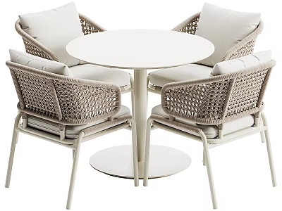 Modern White Wicker Table And Chair Set With Round Table And Four Cushioned Chairs 3d model