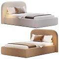 Modern Upholstered Single Bed With Curved Headboard Beige Brown Tones Soft Pillows Bed Linens