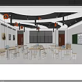 Modern Open Laboratory Interior Design With Tables Chairs Equipment Hanging Lights And Blackboard