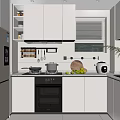 Modern White Kitchen With Black Oven Cooktop Fresh Fruits Cutting Board And Green Plant