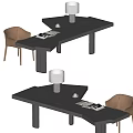 Modern Black Desk With Table Lamp Magazines Cup And Brown Chair
