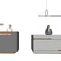 Modern Reception Desks With Gray And White Wooden Design Featuring Staff And Hanging Chandelier