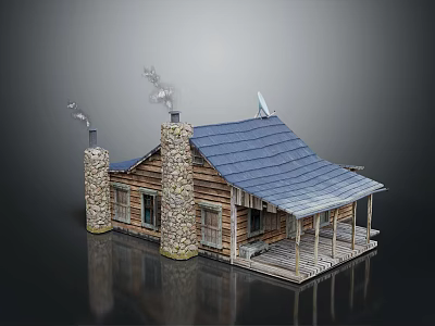 Log Cabin With Stone Chimneys Smoke Rising Blue Tiled Roof And Wooden Porch With Columns 3d model