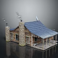 Log Cabin With Stone Chimneys Smoke Rising Blue Tiled Roof And Wooden Porch With Columns