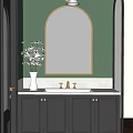 Elegant Bathroom Vanity with Green Walls Oval Mirror White Countertop and Black Cabinets