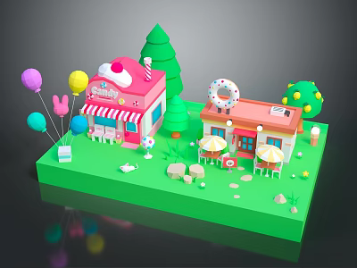 Cute Mini Commercial Buildings With Pink And Orange Exteriors Balloons Trees Tables And Decorations 3d model