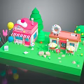 Cute Mini Commercial Buildings With Pink And Orange Exteriors Balloons Trees Tables And Decorations