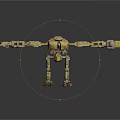 Yellow Mechanical Robot Creature With Long Arms Legs And Rusty Surface