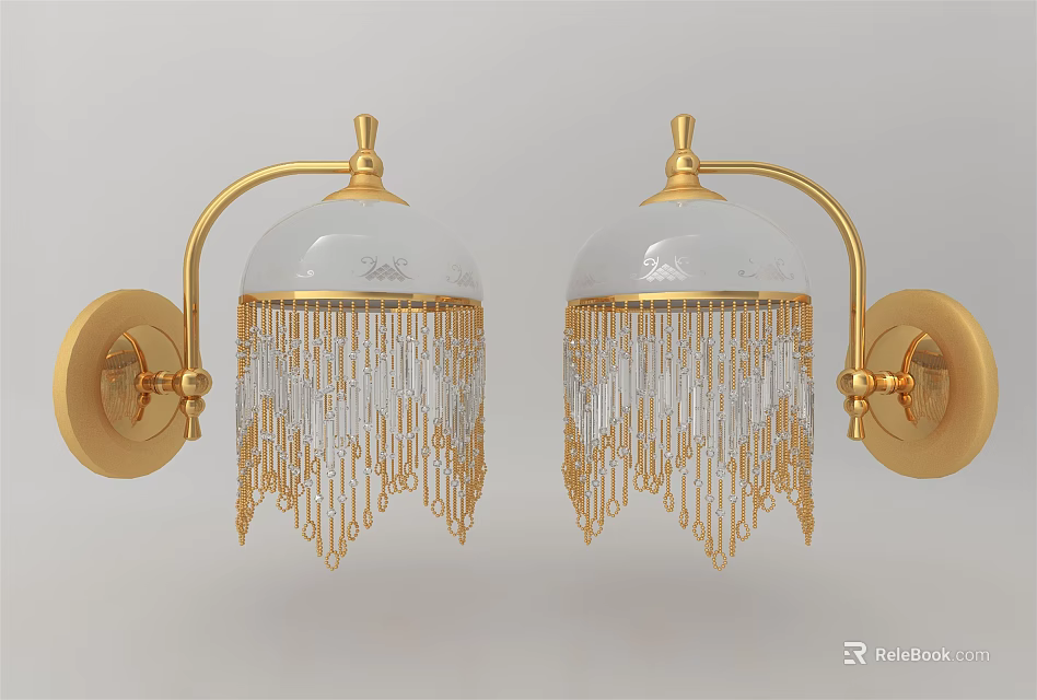 Elegant Golden Wall Lamps With Transparent Glass Shades And Tassel Decorations 3d model 