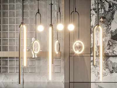 Multiple Modern Pendant Lights with Various Geometric Shapes and Warm Light in Contemporary Interior Design 3d model