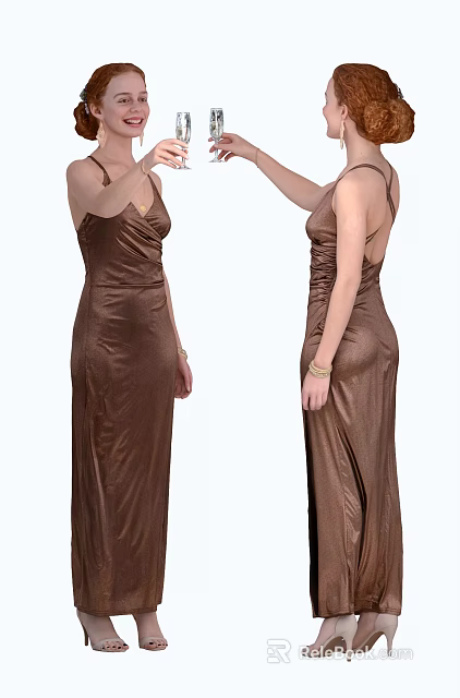 Elegant Woman Wearing Brown Satin Long Dress With Spaghetti Straps And Backless Design 3d model 