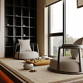 New Chinese Style Casual Table and Chair Recreation Room Go Table and Chair Tatami Go Table and Chair Go Board Go Bonsai Bonsai Frame Scene 3d model
