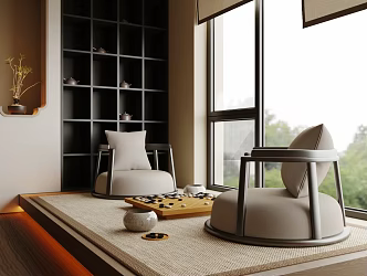 New Chinese Style Casual Table and Chair Recreation Room Go Table and Chair Tatami Go Table and Chair Go Board Go Bonsai Frame Scene 3d model