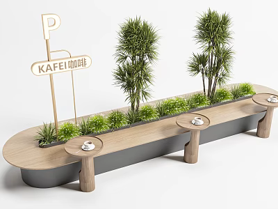 Outdoor Wooden Chair With Long Design Green Plants Small Tables And Coffee Signboard 3d model