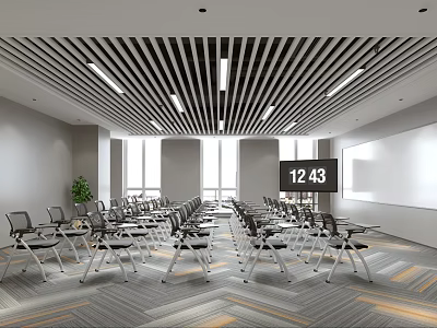 Conference Room With Rows Of Tables Chairs Striped Ceiling Large Screen Windows Plant And Carpet 3d model
