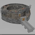 Medieval Circular Fortress Architecture With Stone Walls Towers And Wooden Drawbridge