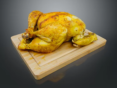 Whole Golden Brown Roasted Chicken on Wooden Cutting Board with Crispy Skin 3d model