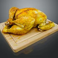 Whole Golden Brown Roasted Chicken on Wooden Cutting Board with Crispy Skin