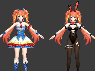 Game Anime Character With Twin Tails In Two Costumes Blue Dress Black Bunny Outfit 3d model