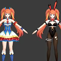Game Anime Character With Twin Tails In Two Costumes Blue Dress Black Bunny Outfit