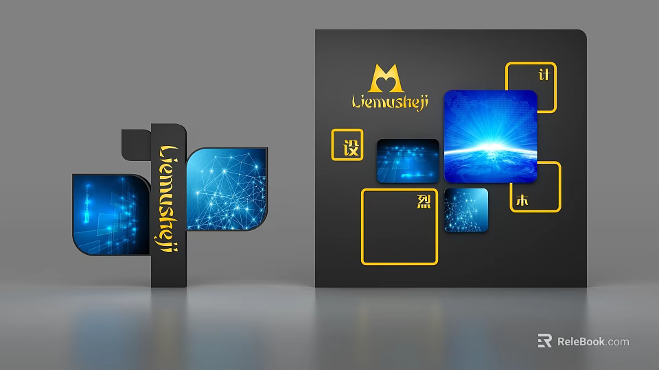 Lianmeiushi Brand Background Wall With Yellow Borders Blue Display Panels And Geometric Patterns 3d model 