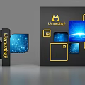 Lianmeiushi Brand Background Wall With Yellow Borders Blue Display Panels And Geometric Patterns
