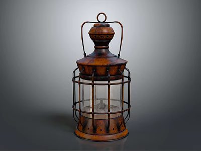 Vintage Wooden Candle Lamp with Metal Cage Frame Glass Panels and Top Handle 3d model