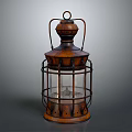 Vintage Wooden Candle Lamp with Metal Cage Frame Glass Panels and Top Handle