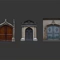 Three Different Style Entrance Doors Red Black Blue Wooden With Ornate Tops And Classical Details