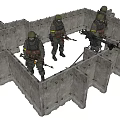 Game Movie Characters In Combat Gear Standing In Stone Wall Enclosure With Weapons