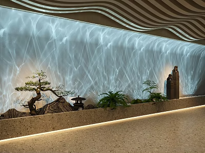 Water Ripple Light Illuminating Interior Wall with Bonsai Rock Lantern and Green Plants 3d model