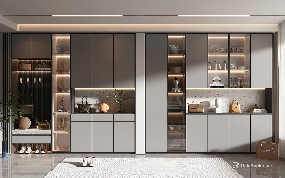 Modern Shoe Cabinet Design With Glass Doors LED Lighting And Decorative Storage 3d model 