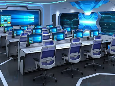 Modern Monitoring Room Interior With Multiple Computer Monitors Control Desks And Ergonomic Chairs 3d model