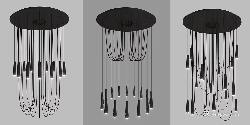 Modern Black Chandelier Design With Multiple Hanging Light Strings And Conical Bulbs 3d model 