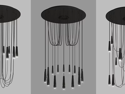Modern Black Chandelier Design With Multiple Hanging Light Strings And Conical Bulbs 3d model