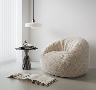 Fluffy Cozy Bean Bag Chair in White Room With Round Side Table and Soft Lighting 3d model