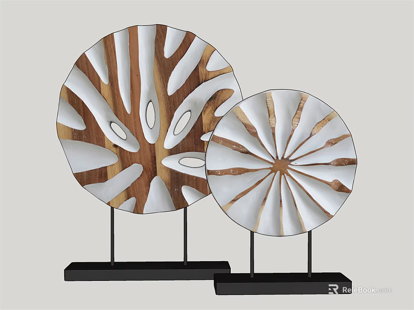 Decorative Ornament Set Circular Wooden White Hollow-Carved Design With Black Base 3d model 