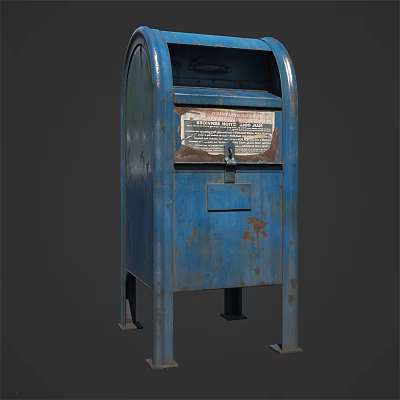 Outdoor Public Facility Blue Mailbox With Rustic Metal Structure Mail Slot And Lock 3d model