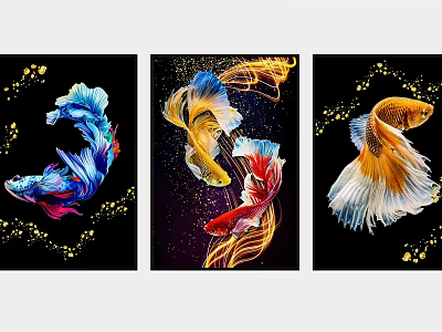 Set of Three Vibrant Colorful Betta Fish Animal Paintings on Dark Background with Gold Specks 3d model