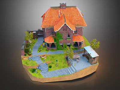 Detached Villa Featuring Orange Roof Brick Exterior Greenery Stone Pathways and Landscaped Garden 3d model