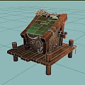 Cartoon Scene of Wooden House on Wooden Platform with Green Plant Decorations and Lifebuoy