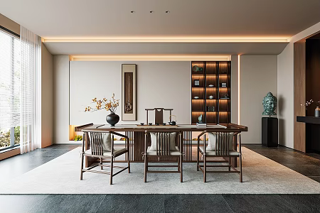 New Chinese Tea Room Tea Table and Chair Tea Set Tea Room Background Wall Decoration 3d model