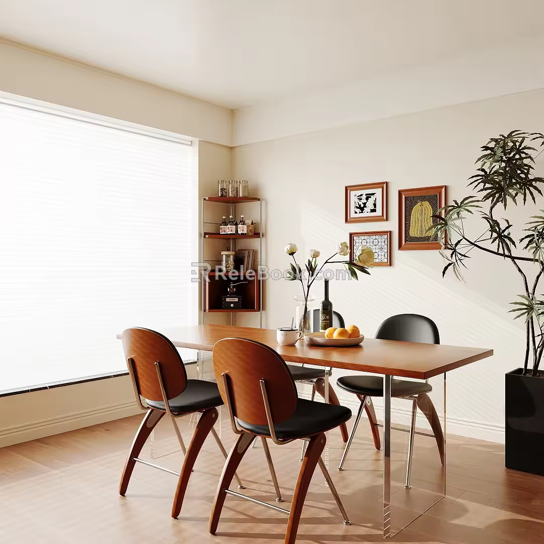 Modern Middle Ancient Style Restaurant Middle Ancient Style Dining Table and Chair Combination Green Plant Potted Middle Ancient Style Corner Cabinet 3d model