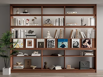 Brown Wooden Bookshelf With Books Photo Frames Bicycle Model Decorative Items And Potted Plant 3d model