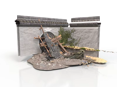 Traditional Chinese Damaged Wall Structure With Tile Roof Eaves And Green Plants 3d model