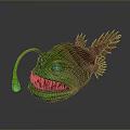 Deep Sea Anglerfish With Green Body Red Fins Glowing Lure And Sharp Teeth