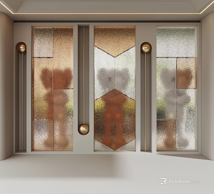 Modern Interior Stained Glass Partition with Geometric Patterns and Metal Accents 3d model 